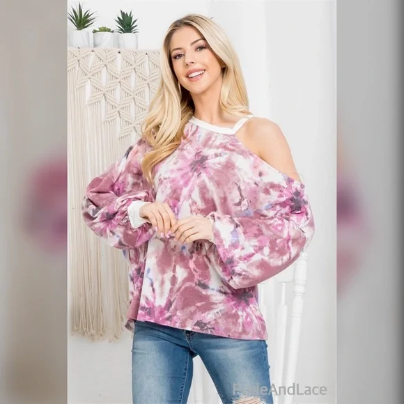 MAUVE TIE DYE ONE SIDE COLD SHOULDER CUFFED LONG SLEEVE TOP - Picture 5 of 7